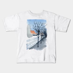 Black trees and European street under the blue sky. Kids T-Shirt